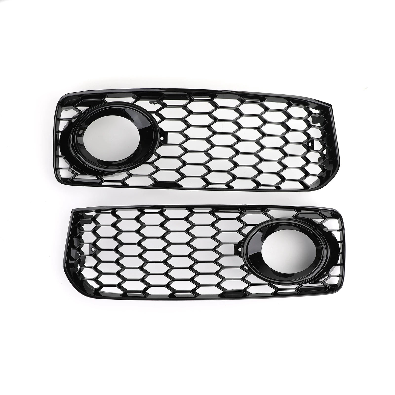 Flat lay top-down view of gloss black honeycomb fog light grilles for Audi A5/S5 B8