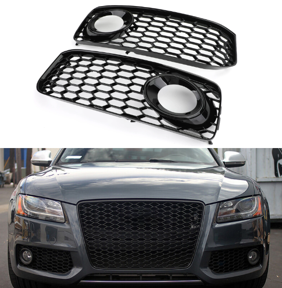 Honeycomb mesh fog light grilles installed on an Audi A5 S-Line front bumper