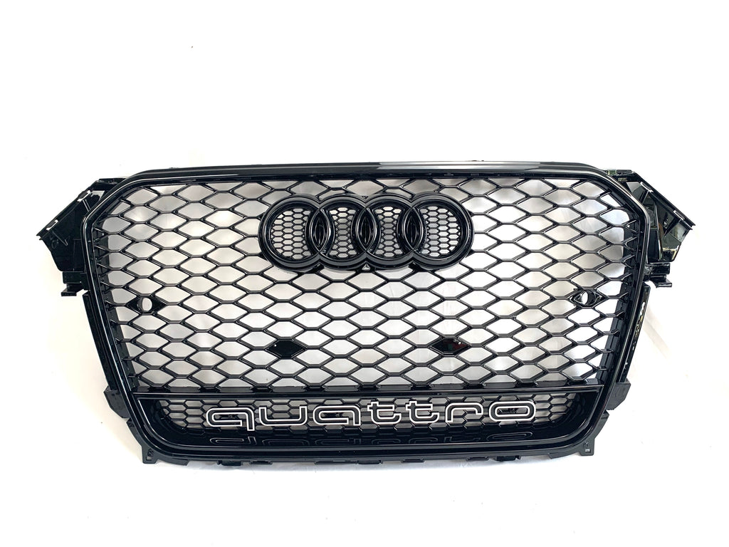 RS style honeycomb grille for Audi A4/S4 B8.5, black trim, shown with Audi rings badge and quattro lettering