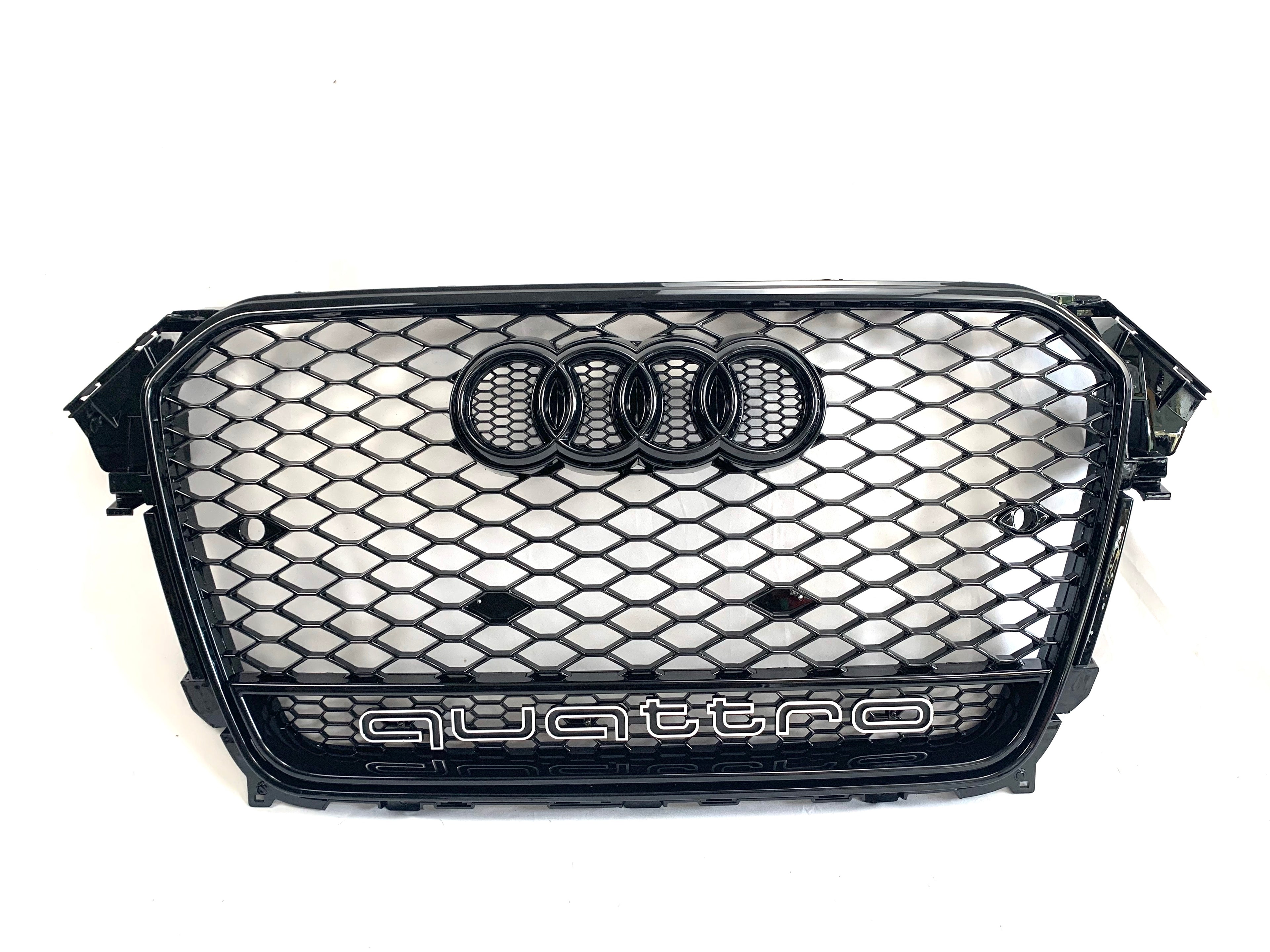 RS style honeycomb grille for Audi A4/S4 B8.5, black trim, shown with Audi rings badge and quattro lettering