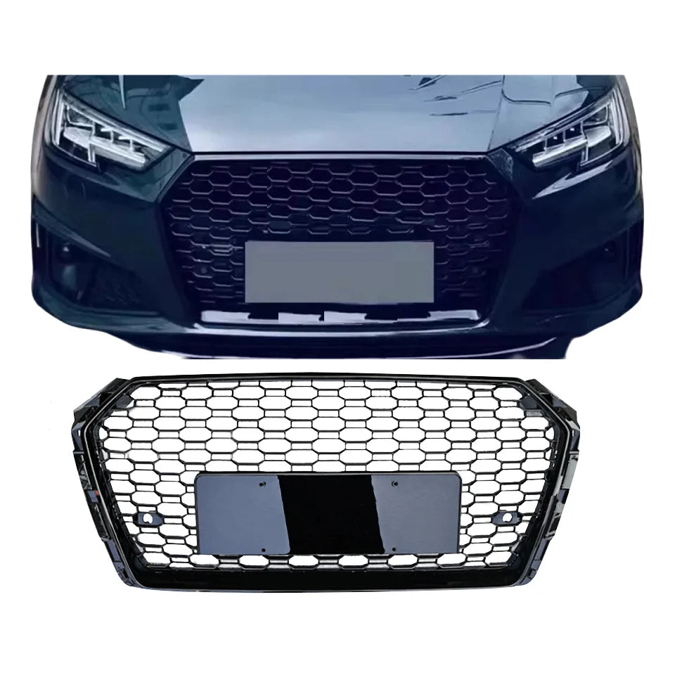 RS style honeycomb grille installed on a dark Audi A4/S4 B9, gloss black finish