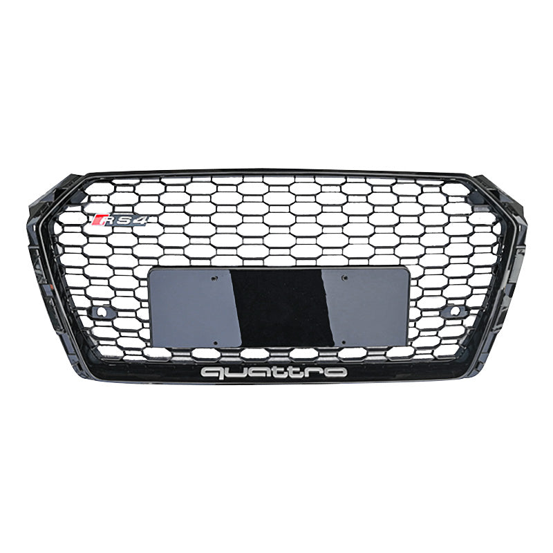 RS style honeycomb grille for Audi A4/S4 B9, black trim and black mesh, RS4 and quattro badging