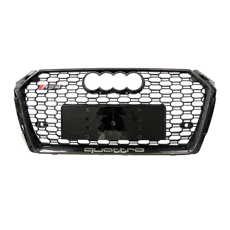 RS style honeycomb grille for Audi A4/S4 B9, black mesh with carbon fibre trim, RS4 and quattro badging