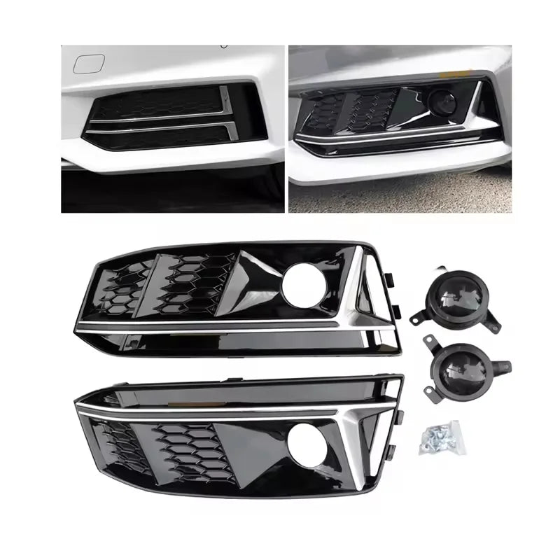 Pair of RS4 style honeycomb fog light grilles for Audi A4 B9, silver finish, showcases application visually on car