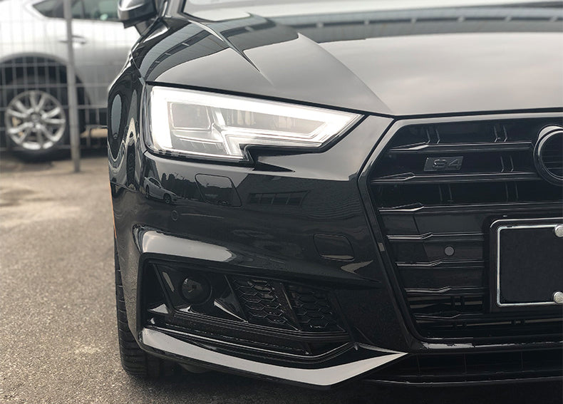 RS4 style fog light grille installed on Audi S4 B9, close-up with S4 badge