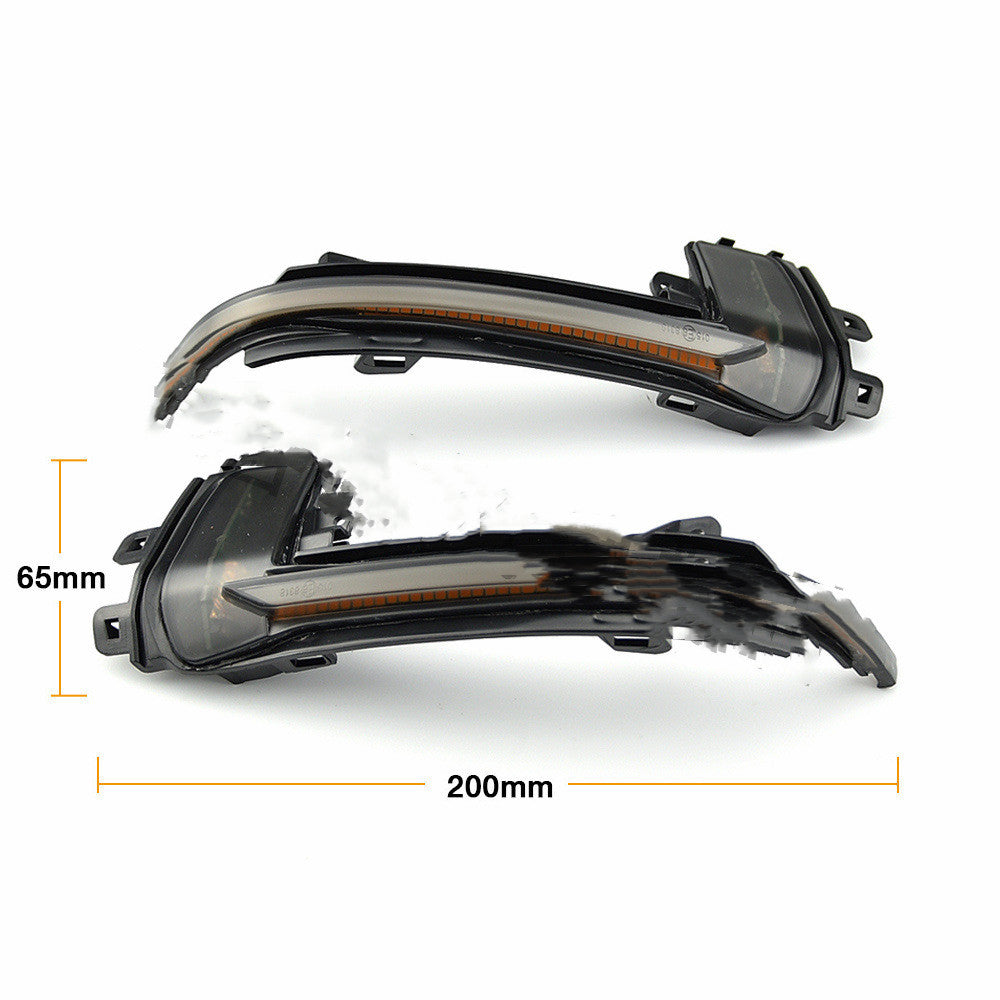 Audi dynamic sequential mirror turn signal pair with dimensions labeled, 200mm length by 65mm height