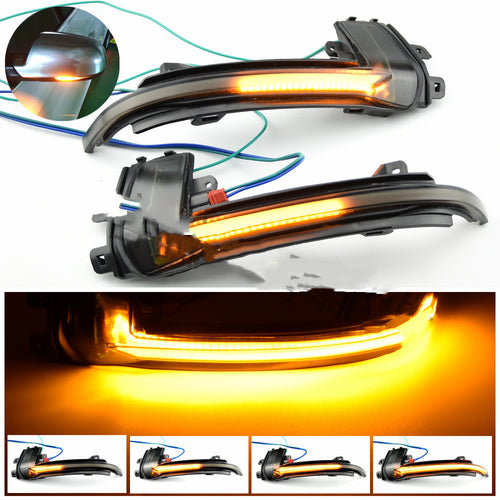 Smoked lens dynamic sequential mirror turn signals for Audi lit amber, with wiring harness and mirror install preview