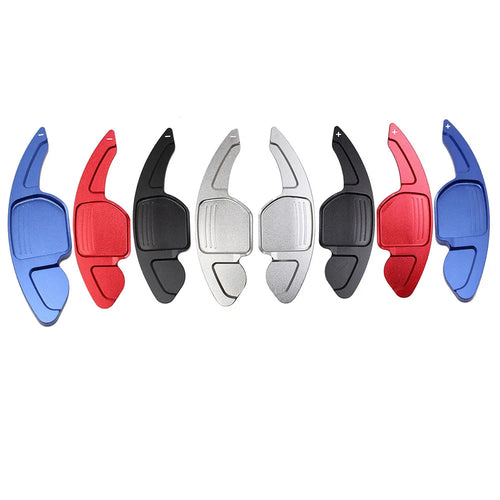 Full color lineup of aluminium paddle shifter extensions — blue, red, black and silver